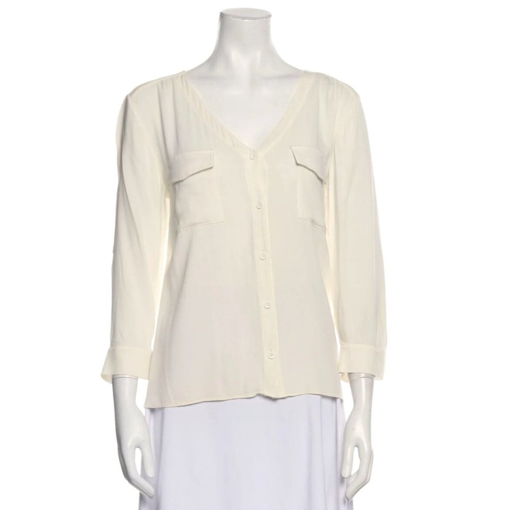 alice + olivia Women's White Medium Silk Spandex Blend V-Neck Blouse - Picture 1 of 11